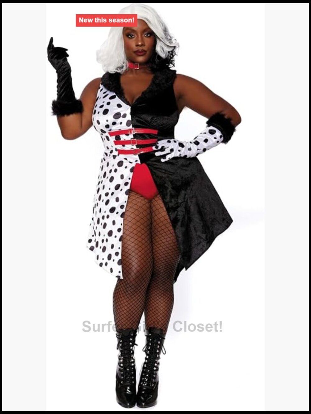 Plus Size Dalmatian Diva Costume Velvet Dress Faux Fur Collar Halloween